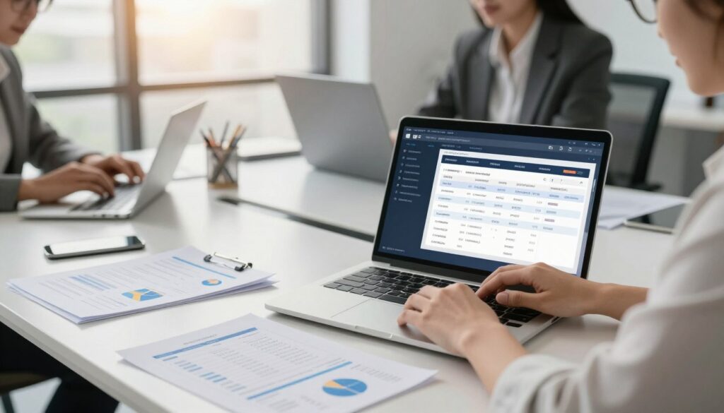 A modern office environment focusing on electronic invoicing, featuring a sleek, minimalistic desk with a laptop displaying digital invoices. In the foreground, hands are typing on the laptop with documents and charts showing efficient digital workflows nearby. The middle ground showcases a digital dashboard with graphs illustrating productivity gains, illuminated by soft, natural light coming from a large window. In the background, blurred silhouettes of professionals in business attire are collaborating on electronic devices, symbolizing teamwork and enhanced communication. The atmosphere is bright and optimistic, emphasizing the advantages of digital invoicing in a professional setting. Capture this scene with a slightly elevated angle for a dynamic perspective, using warm tones to enhance the sense of productivity and innovation. A modern office environment focusing on electronic invoicing, featuring a sleek, minimalistic desk with a laptop displaying digital invoices. In the foreground, hands are typing on the laptop with documents and charts showing efficient digital workflows nearby. The middle ground showcases a digital dashboard with graphs illustrating productivity gains, illuminated by soft, natural light coming from a large window. In the background, blurred silhouettes of professionals in business attire are collaborating on electronic devices, symbolizing teamwork and enhanced communication. The atmosphere is bright and optimistic, emphasizing the advantages of digital invoicing in a professional setting. Capture this scene with a slightly elevated angle for a dynamic perspective, using warm tones to enhance the sense of productivity and innovation.