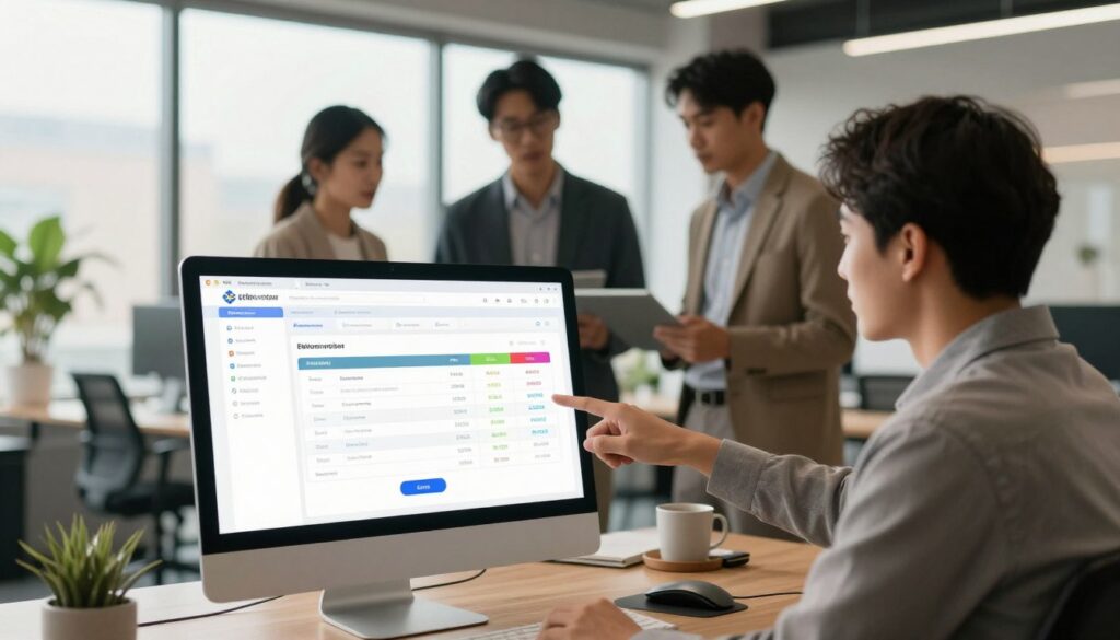 A modern office environment focusing on electronic invoicing software. In the foreground, a sleek computer monitor displays colorful graphs and digital invoices on an intuitive interface. The middle ground features a diverse group of three professionals, dressed in business attire, engaged in discussion while pointing at the screen. Behind them, large windows let in natural light, illuminating the room, and there are plants and modern furniture adding to the ambiance. The overall mood is collaborative and forward-thinking, highlighting innovation in billing processes. Soft light enhances the clarity of the software display, with a warm and inviting color palette for a professional atmosphere.
