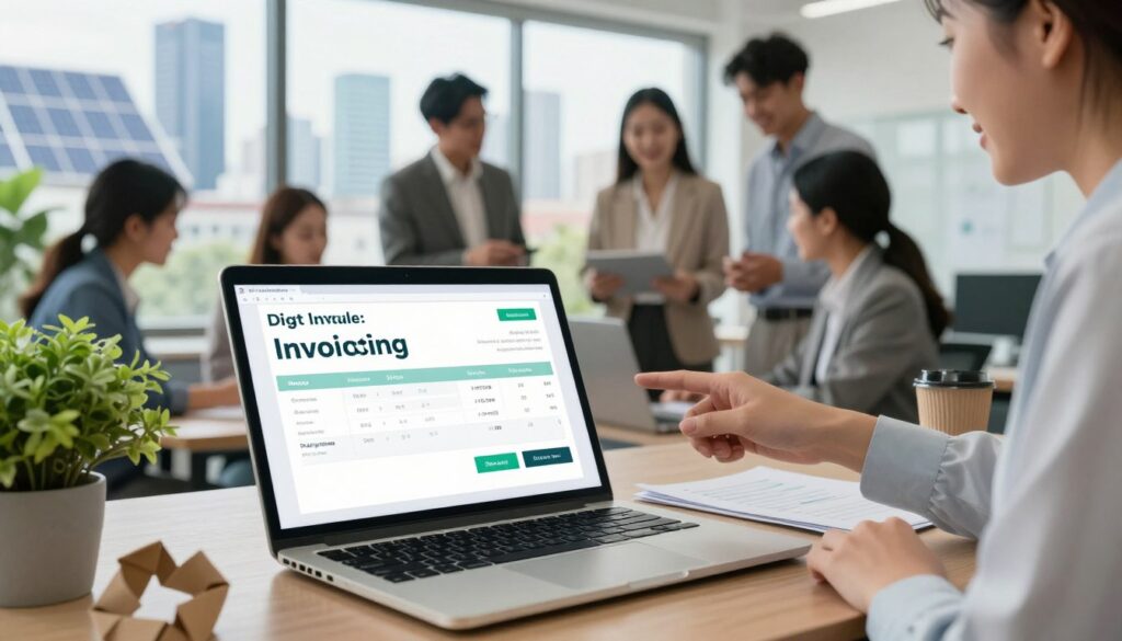 A modern office environment highlighting digital invoicing. In the foreground, a sleek laptop displaying a vibrant digital invoice on the screen, surrounded by eco-friendly elements like green plants and recycled paper. In the middle ground, a diverse group of professionals in business attire discussing the benefits of electronic invoicing, with one pointing at the laptop screen. The background features a large window letting in natural light, showcasing a city skyline with solar panels on rooftops, symbolizing sustainability. The overall mood is optimistic and forward-thinking, emphasizing the environmental impact of paperless billing processes. The image should exude a sense of innovation and eco-consciousness in the business world, captured with soft, natural lighting and a slight depth of field.