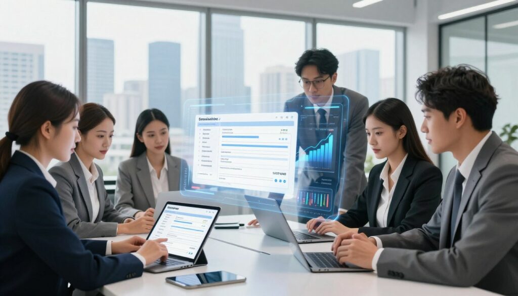 A modern office environment highlighting the transition to electronic invoicing. In the foreground, a diverse group of professionals in business attire collaborate around a sleek, digital workspace table, examining invoices displayed on tablets and screens. The middle layer features floating digital elements like graphs and charts showcasing real-time data, symbolizing analytics and efficiency. The background reveals large windows with a bright city skyline, bathing the scene in natural light that conveys a sense of progress. The atmosphere is dynamic and forward-thinking, emphasizing innovation in financial technology. The image captures the essence of modern business practices, focusing on teamwork and digital transformation in invoicing.