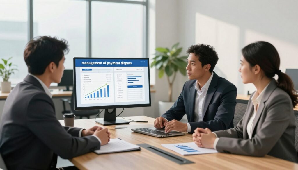 A modern office environment illustrating "management of payment disputes" for electronic invoicing. In the foreground, a diverse group of three professionals—two men and one woman—are engaged in a serious discussion. They are dressed in smart business attire, displaying a mix of cultures and ethnicities. The middle ground features a large conference table with digital devices displaying graphs and invoices, emphasizing collaboration and analysis. In the background, large windows allow natural light to pour in, creating a bright and productive atmosphere. Soft shadows cast by indoor plants add warmth to the scene. The mood is focused yet collaborative, conveying the importance of effective dispute management in financial processes, with a clear emphasis on professionalism and teamwork. A modern office environment illustrating "management of payment disputes" for electronic invoicing. In the foreground, a diverse group of three professionals—two men and one woman—are engaged in a serious discussion. They are dressed in smart business attire, displaying a mix of cultures and ethnicities. The middle ground features a large conference table with digital devices displaying graphs and invoices, emphasizing collaboration and analysis. In the background, large windows allow natural light to pour in, creating a bright and productive atmosphere. Soft shadows cast by indoor plants add warmth to the scene. The mood is focused yet collaborative, conveying the importance of effective dispute management in financial processes, with a clear emphasis on professionalism and teamwork.