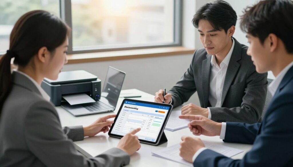 A modern office environment illustrating the concept of electronic invoicing compliance. In the foreground, a diverse group of three professionals in business attire are engaged in a discussion, analyzing a digital invoice displayed on a tablet. The middle ground features a sleek desk with a laptop and documents neatly organized, showcasing technological tools like a scanner and printer for electronic invoicing. The background includes a large window with sunlight filtering in, creating a bright, optimistic atmosphere. Soft, focused lighting emphasizes the professionalism and collaboration among the team. The overall mood is one of innovation and efficiency, reflecting the narrative of expert insights into optimizing electronic invoicing traceability. A modern office environment illustrating the concept of electronic invoicing compliance. In the foreground, a diverse group of three professionals in business attire are engaged in a discussion, analyzing a digital invoice displayed on a tablet. The middle ground features a sleek desk with a laptop and documents neatly organized, showcasing technological tools like a scanner and printer for electronic invoicing. The background includes a large window with sunlight filtering in, creating a bright, optimistic atmosphere. Soft, focused lighting emphasizes the professionalism and collaboration among the team. The overall mood is one of innovation and efficiency, reflecting the narrative of expert insights into optimizing electronic invoicing traceability.
