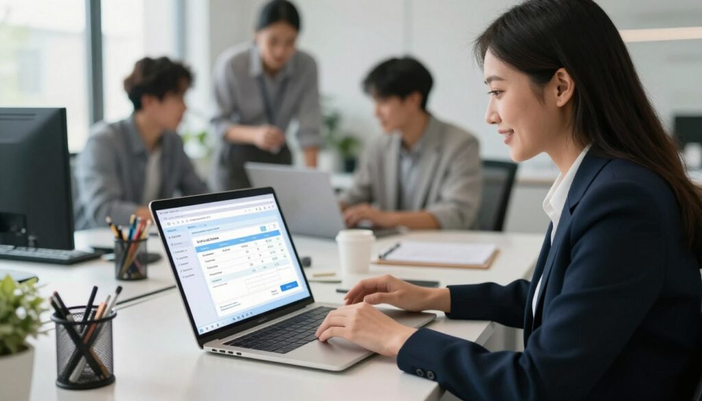 A modern office environment showcasing a digital workspace, featuring a sleek laptop open to a vibrant interface displaying an electronic invoice. In the foreground, a professional woman in smart business attire is engaging with the screen, her expression one of satisfaction and focus. The middle ground includes a stylish desk cluttered with office supplies, hinting at a productive atmosphere. In the background, blurred images of colleagues collaborating in a bright, airy space create a sense of teamwork and efficiency. Soft, natural lighting filters through large windows, casting gentle shadows and enhancing the lively mood of innovation and success in digital transactions. The overall atmosphere is one of clarity, professionalism, and modernity. A modern office environment showcasing a digital workspace, featuring a sleek laptop open to a vibrant interface displaying an electronic invoice. In the foreground, a professional woman in smart business attire is engaging with the screen, her expression one of satisfaction and focus. The middle ground includes a stylish desk cluttered with office supplies, hinting at a productive atmosphere. In the background, blurred images of colleagues collaborating in a bright, airy space create a sense of teamwork and efficiency. Soft, natural lighting filters through large windows, casting gentle shadows and enhancing the lively mood of innovation and success in digital transactions. The overall atmosphere is one of clarity, professionalism, and modernity.