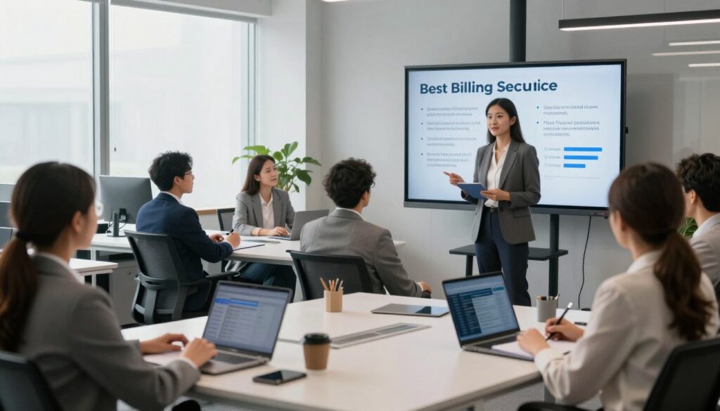 A modern office environment showcasing a diverse group of professionals engaged in a training session about online billing security. In the foreground, a well-dressed female instructor demonstrates best practices on a large screen, highlighting cybersecurity strategies for electronic invoicing. The middle ground features attentive participants, including men and women in professional attire, taking notes and discussing among themselves. The background displays a contemporary office setup with sleek furniture and technology. Soft, natural lighting from large windows creates a bright and inviting atmosphere, emphasizing focus and collaboration. The image captures a sense of teamwork and dedication to learning, conveying the importance of proper training in online billing security. A modern office environment showcasing a diverse group of professionals engaged in a training session about online billing security. In the foreground, a well-dressed female instructor demonstrates best practices on a large screen, highlighting cybersecurity strategies for electronic invoicing. The middle ground features attentive participants, including men and women in professional attire, taking notes and discussing among themselves. The background displays a contemporary office setup with sleek furniture and technology. Soft, natural lighting from large windows creates a bright and inviting atmosphere, emphasizing focus and collaboration. The image captures a sense of teamwork and dedication to learning, conveying the importance of proper training in online billing security.