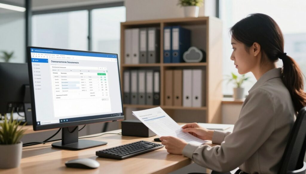 A modern office environment showcasing a reliable electronic archiving solution. In the foreground, a sleek computer workstation with a large monitor displaying digital invoices and organized files. A business professional in smart attire, sitting at the desk, is engaged in sorting electronic documents. The middle layer features an open bookshelf filled with binders and cloud storage solutions, symbolizing effective data management. In the background, large windows let in natural light, creating a bright and inviting atmosphere. The lighting is warm and focused, highlighting the workspace while casting soft shadows. The overall mood is one of efficiency and professionalism, illustrating the successful implementation of secure document archiving for businesses. A modern office environment showcasing a reliable electronic archiving solution. In the foreground, a sleek computer workstation with a large monitor displaying digital invoices and organized files. A business professional in smart attire, sitting at the desk, is engaged in sorting electronic documents. The middle layer features an open bookshelf filled with binders and cloud storage solutions, symbolizing effective data management. In the background, large windows let in natural light, creating a bright and inviting atmosphere. The lighting is warm and focused, highlighting the workspace while casting soft shadows. The overall mood is one of efficiency and professionalism, illustrating the successful implementation of secure document archiving for businesses.