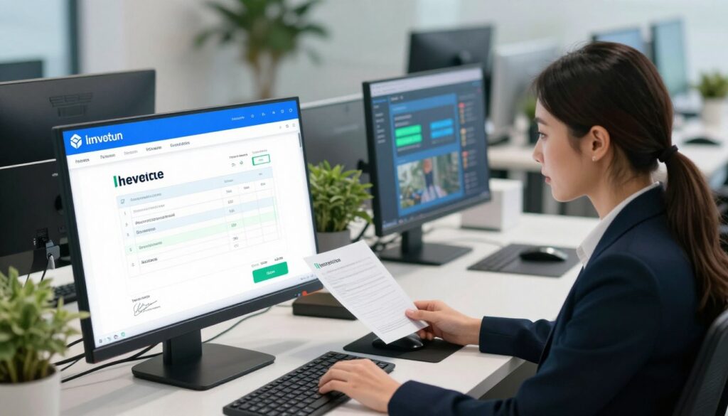 A modern office environment showcasing an automated invoice processing system. In the foreground, a sleek computer monitor displays a digital invoice with a signature verification process, highlighted with bright blue and green colors. In the middle, a professional businesswoman in smart attire is interacting with the system, displaying a thoughtful expression as she reviews the digital documents. The background features an organized workspace with digital interfaces, futuristic devices, and cheerful greenery, evoking a sense of efficiency and innovation. Soft, even lighting enhances the professionalism of the scene, and the angle is slightly above eye level, creating an immersive perspective that invites viewers into the workflow. The overall atmosphere is dynamic and focused, illustrating the seamless integration of technology in business processes. A modern office environment showcasing an automated invoice processing system. In the foreground, a sleek computer monitor displays a digital invoice with a signature verification process, highlighted with bright blue and green colors. In the middle, a professional businesswoman in smart attire is interacting with the system, displaying a thoughtful expression as she reviews the digital documents. The background features an organized workspace with digital interfaces, futuristic devices, and cheerful greenery, evoking a sense of efficiency and innovation. Soft, even lighting enhances the professionalism of the scene, and the angle is slightly above eye level, creating an immersive perspective that invites viewers into the workflow. The overall atmosphere is dynamic and focused, illustrating the seamless integration of technology in business processes.