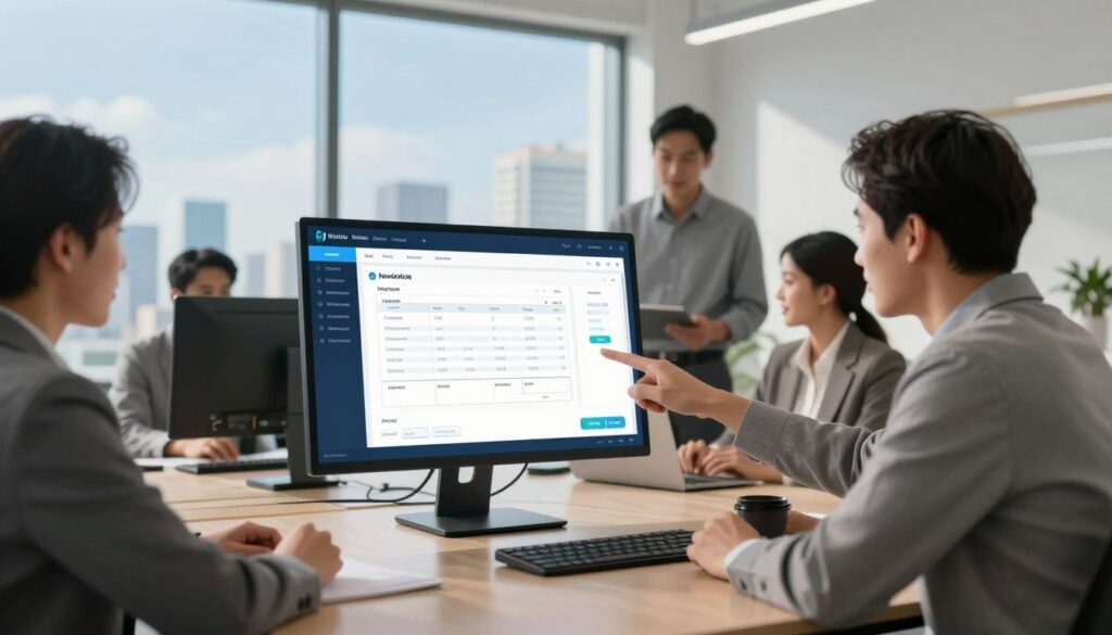 A modern office environment showcasing an electronic invoicing automation platform. In the foreground, a sleek, high-tech monitor displays a vibrant interface filled with digital invoices and analytics. A diverse team of professionals in business attire, comprising both men and women, collaborates enthusiastically around a stylish conference table, one person pointing to the screen. In the middle ground, a large window reveals a panoramic cityscape under a clear blue sky, enhancing the professional atmosphere. Soft, natural lighting bathes the entire scene, creating an inviting and productive mood. In the background, minimal office decor ensures focus remains on the invoicing technology at hand, emphasizing the theme of optimizing electronic invoicing solutions.