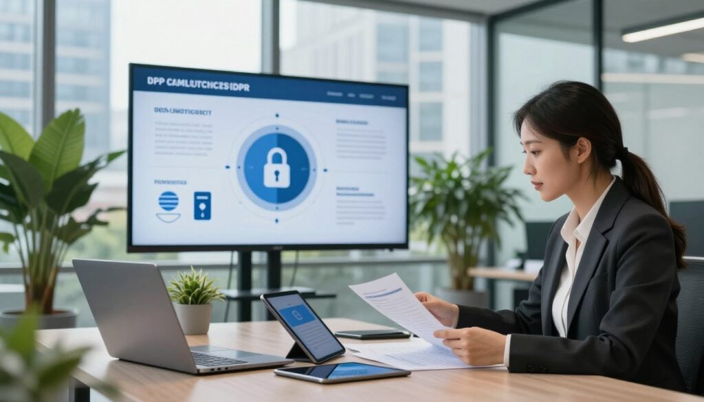 A modern office environment showcasing compliance with GDPR and data protection regulations. In the foreground, a professional woman in business attire reviews documents on a sleek desk equipped with digital devices like a laptop and tablets. In the middle ground, a large screen displays infographics illustrating data security concepts and regulations, surrounded by potted plants for a touch of nature. The background features glass walls with a view of a bustling city, emphasizing a forward-thinking atmosphere. Soft, diffused natural light streams in from the window, creating a calm yet focused vibe. The overall mood conveys professionalism, safety, and trust in information security.
