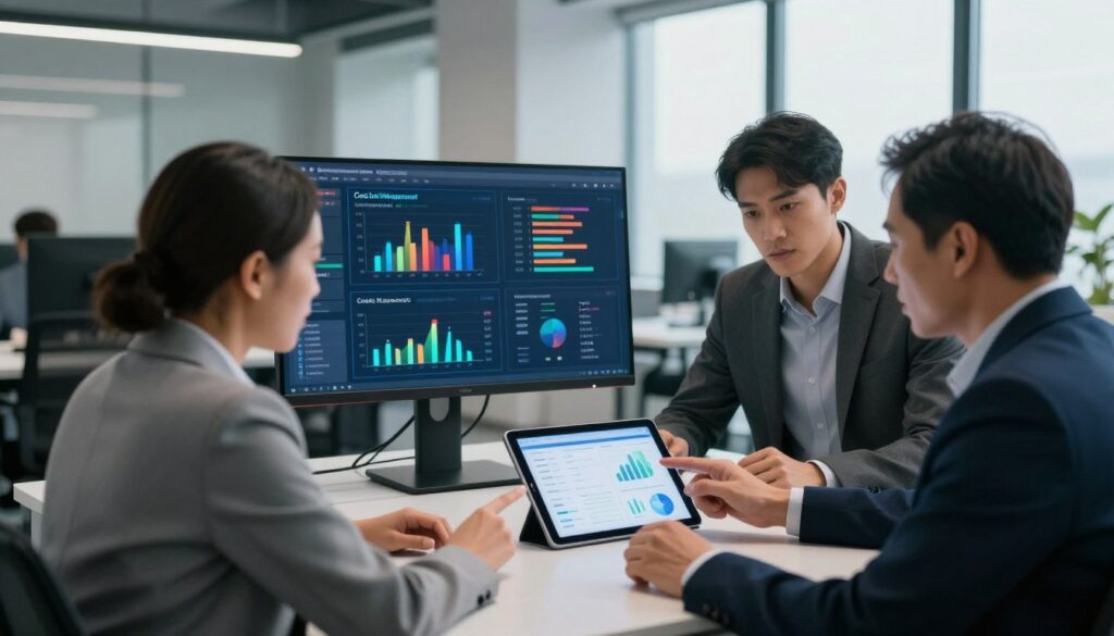 A modern office environment showcasing digital financial management. In the foreground, a diverse group of three professionals in business attire engages in a discussion over a sleek digital tablet, analyzing cost data and graphs. The middle layer features a large monitor displaying interactive financial dashboards, with colorful charts illustrating cost efficiency and electronic invoicing processes. The background shows a minimalist office space with soft, natural lighting filtering through large windows, enhancing the atmosphere of innovation and collaboration. The scene emphasizes a sense of determination and progress, highlighting the transformative impact of digital tools on cost management. Use a wide-angle lens for a dynamic perspective, capturing both the team and their digital tools in action. A modern office environment showcasing digital financial management. In the foreground, a diverse group of three professionals in business attire engages in a discussion over a sleek digital tablet, analyzing cost data and graphs. The middle layer features a large monitor displaying interactive financial dashboards, with colorful charts illustrating cost efficiency and electronic invoicing processes. The background shows a minimalist office space with soft, natural lighting filtering through large windows, enhancing the atmosphere of innovation and collaboration. The scene emphasizes a sense of determination and progress, highlighting the transformative impact of digital tools on cost management. Use a wide-angle lens for a dynamic perspective, capturing both the team and their digital tools in action.