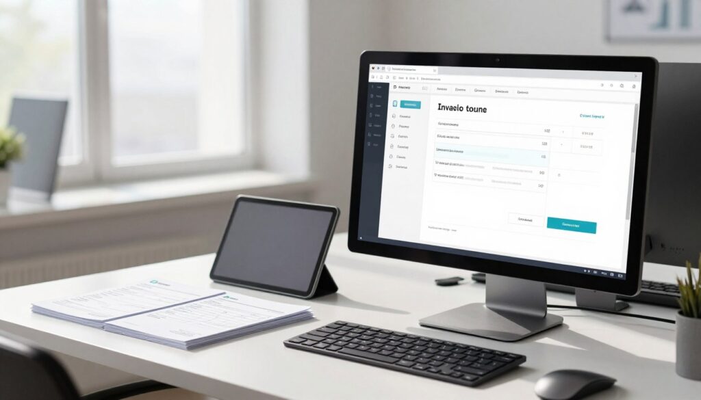 A modern office environment showcasing digital invoice storage. In the foreground, a sleek, high-tech computer monitor displaying an organized digital interface with various file formats and documents. The middle ground features a stylish office desk with a few physical invoices neatly stacked next to a tablet, symbolizing the blend of traditional and digital methods. In the background, a bright window allows natural light to flood the room, giving a clean and professional atmosphere. Soft shadows are cast across the desk, creating a sense of depth. The overall mood is efficient and organized, emphasizing the importance of maintaining electronic records for invoices in an acceptable format. A modern office environment showcasing digital invoice storage. In the foreground, a sleek, high-tech computer monitor displaying an organized digital interface with various file formats and documents. The middle ground features a stylish office desk with a few physical invoices neatly stacked next to a tablet, symbolizing the blend of traditional and digital methods. In the background, a bright window allows natural light to flood the room, giving a clean and professional atmosphere. Soft shadows are cast across the desk, creating a sense of depth. The overall mood is efficient and organized, emphasizing the importance of maintaining electronic records for invoices in an acceptable format.