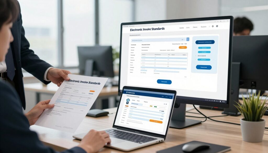 A modern office environment showcasing electronic invoicing standards. In the foreground, a sleek laptop displays a digital invoice with icons representing compliance and regulations. To the left, a professional businessperson in formal attire studies a document labeled "Electronic Invoice Standards." In the middle, a large monitor shows various formats of electronic invoices, surrounded by graphics depicting data security and digital signatures. The background features a bright, airy workspace with large windows, allowing natural light to illuminate the scene. The atmosphere is professional and focused, emphasizing the importance of compliance and modern technology in invoicing. The perspective is slightly angled to add depth, capturing a dynamic yet organized workspace.