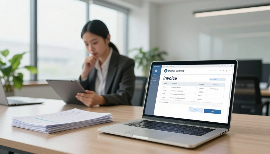 A modern office environment showcasing the concept of digital invoice dematerialization. In the foreground, a sleek laptop displaying a digital invoice on the screen, surrounded by a few organized financial documents neatly stacked. The middle ground features a professional wearing business attire, focused on their work, with a thoughtful expression and a digital tablet in hand, symbolizing the transition to electronic billing. In the background, a large window lets in soft natural light, illuminating green plants, enhancing the atmosphere of innovation and simplicity. Use a wide-angle lens to emphasize the spaciousness of the office, creating a bright, productive mood that reflects the themes of digital transformation and efficiency.