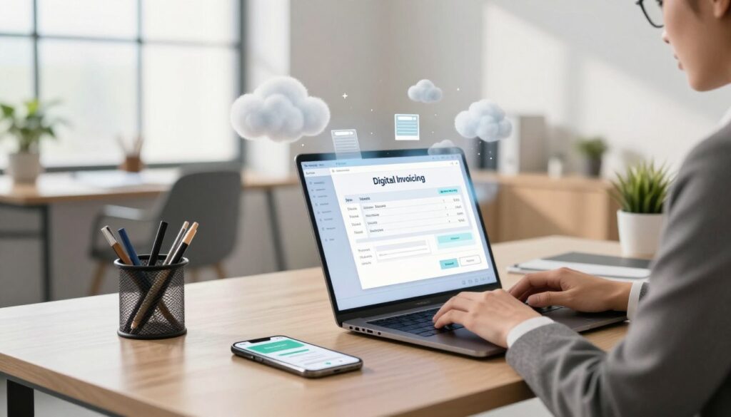A modern office environment showcasing the concept of digital invoicing. In the foreground, a professional individual in business attire is intently using a laptop, while on the screen, bright, floating digital invoices are being dematerialized into animated cloud-like forms. In the middle, a stylish desk with stationery and a sleek smartphone displaying a digital payment app emphasizes the transition from paper to digital. The background features a minimalist office setup with large windows allowing natural light to flood the space, creating a bright and airy atmosphere. Soft shadows cast by indoor plants add warmth. The overall mood is one of efficiency and innovation, highlighting the positive impact of digital practices on business operations and time savings. A modern office environment showcasing the concept of digital invoicing. In the foreground, a professional individual in business attire is intently using a laptop, while on the screen, bright, floating digital invoices are being dematerialized into animated cloud-like forms. In the middle, a stylish desk with stationery and a sleek smartphone displaying a digital payment app emphasizes the transition from paper to digital. The background features a minimalist office setup with large windows allowing natural light to flood the space, creating a bright and airy atmosphere. Soft shadows cast by indoor plants add warmth. The overall mood is one of efficiency and innovation, highlighting the positive impact of digital practices on business operations and time savings.