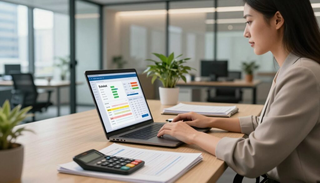 A modern office environment, showcasing the concept of electronic invoicing and accounting. In the foreground, a professional businesswoman in smart attire, focusing intently on a laptop screen filled with colorful graphs and digital invoices. In the middle ground, a sleek desk with organized documents, an open invoice booklet, and a stylish calculator. The background features a contemporary office with soft lighting, glass windows revealing a cityscape, and potted plants that add a touch of greenery. The atmosphere is efficient and innovative, emphasizing the integration of technology in financial management. Use a warm color palette with natural light streaming in, focusing on the professional ambiance and the ease of electronic billing. A modern office environment, showcasing the concept of electronic invoicing and accounting. In the foreground, a professional businesswoman in smart attire, focusing intently on a laptop screen filled with colorful graphs and digital invoices. In the middle ground, a sleek desk with organized documents, an open invoice booklet, and a stylish calculator. The background features a contemporary office with soft lighting, glass windows revealing a cityscape, and potted plants that add a touch of greenery. The atmosphere is efficient and innovative, emphasizing the integration of technology in financial management. Use a warm color palette with natural light streaming in, focusing on the professional ambiance and the ease of electronic billing.