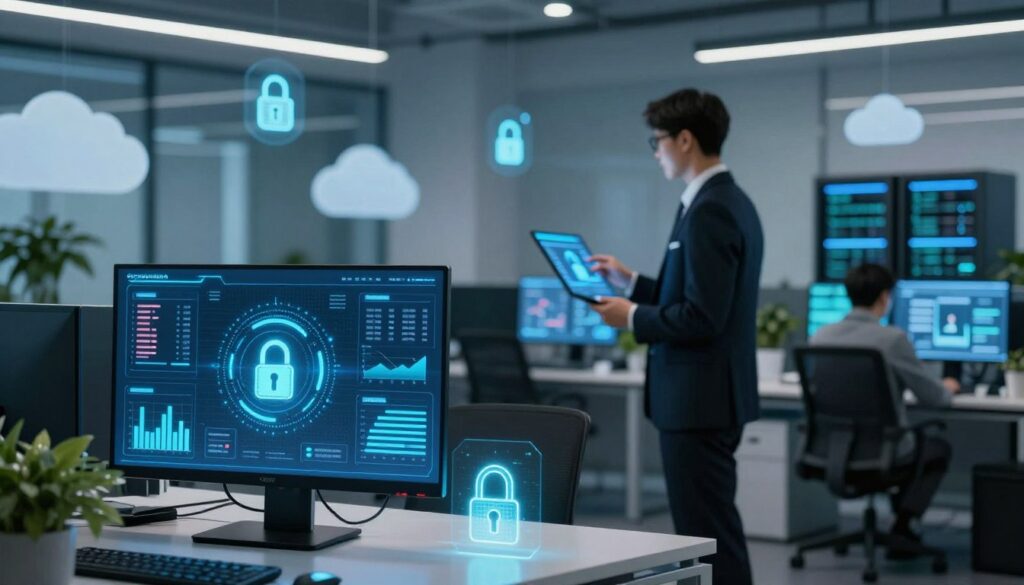 A modern office environment with a focus on secure financial data storage. In the foreground, a sleek digital interface displays charts and graphs depicting data encryption and cybersecurity measures, surrounded by glowing digital locks symbolizing security. In the middle, a professional individual in business attire stands confidently, analyzing the data on a high-resolution screen. The background features abstract representations of clouds and servers, illustrating digital storage, while green plants add a touch of environmental consciousness. Soft, ambient lighting creates a calm atmosphere, with a slight depth of field to emphasize the interface in the foreground. The overall mood conveys a sense of professionalism, security, and sustainability in the realm of digital data management.