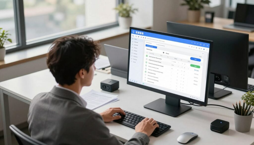 A modern office environment with a sleek, automated billing system displayed prominently on a digital screen. In the foreground, a focused professional in business attire is interacting with the software, showcasing their engagement with the automated features. In the middle background, a large window lets in natural light, illuminating a clean, organized workspace that includes paperwork and a laptop, reflecting a streamlined workflow. The desk is minimalistic, with a few tech gadgets. The overall atmosphere is productive and efficient, suggesting continuous operation. Soft lighting creates a warm, inviting mood while emphasizing the modernity of the automated solution. Angle the view slightly from above to highlight both the user interaction and the technology.