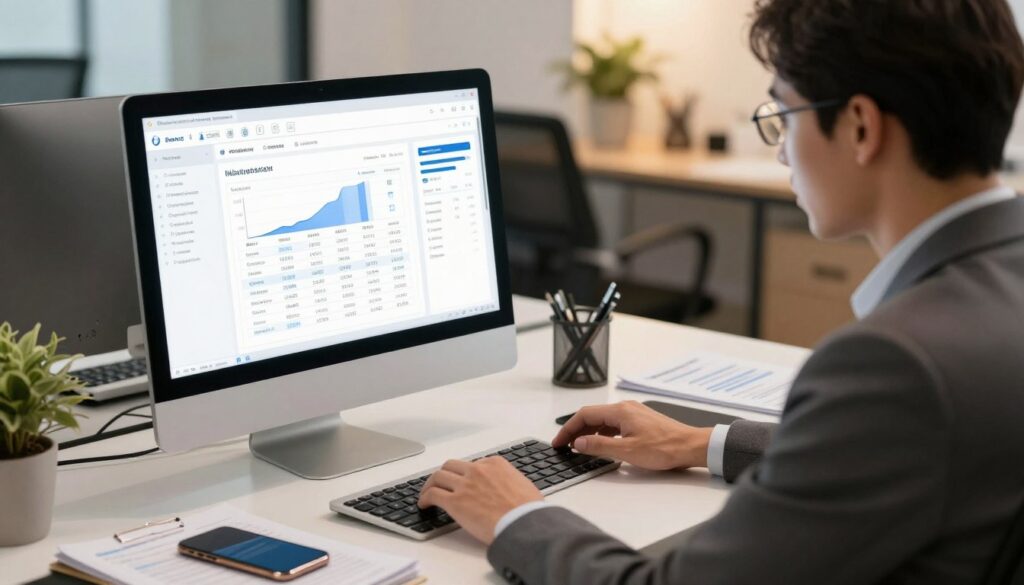 A modern office environment with a sleek computer displaying a billing software interface on the screen, featuring graphs and data analytics. In the foreground, a professional wearing a tailored business suit is seated at a desk, intently reviewing invoices and security settings on the software. The middle ground showcases organized documents and a smartphone beside the computer, emphasizing efficiency and high-tech solutions. The background includes softly blurred office decor and ambient lighting, creating a focused and secure atmosphere. Use warm, natural lighting to enhance clarity and professionalism, capturing the essence of data safety and innovation in electronic invoicing software. A modern office environment with a sleek computer displaying a billing software interface on the screen, featuring graphs and data analytics. In the foreground, a professional wearing a tailored business suit is seated at a desk, intently reviewing invoices and security settings on the software. The middle ground showcases organized documents and a smartphone beside the computer, emphasizing efficiency and high-tech solutions. The background includes softly blurred office decor and ambient lighting, creating a focused and secure atmosphere. Use warm, natural lighting to enhance clarity and professionalism, capturing the essence of data safety and innovation in electronic invoicing software.