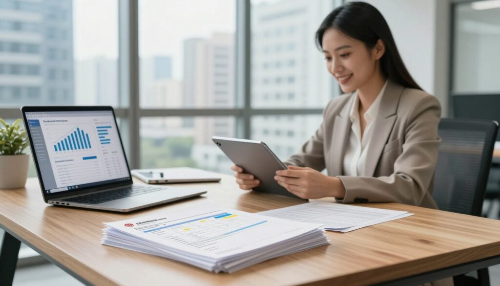 A modern office environment with soft, diffused natural lighting illuminating a sleek wooden desk. In the foreground, a stack of electronic invoices and digital devices like tablets and laptops displaying graphs and charts reflecting the benefits of electronic invoicing. In the middle ground, a professional businesswoman in smart attire, smiling while reviewing documents on her tablet. In the background, a large window offers a view of a bustling cityscape, symbolizing progress and innovation. The overall atmosphere is one of productivity and efficiency, showcasing the seamless integration of technology in financial processes. The color palette is warm and inviting, promoting a sense of clarity and professionalism.