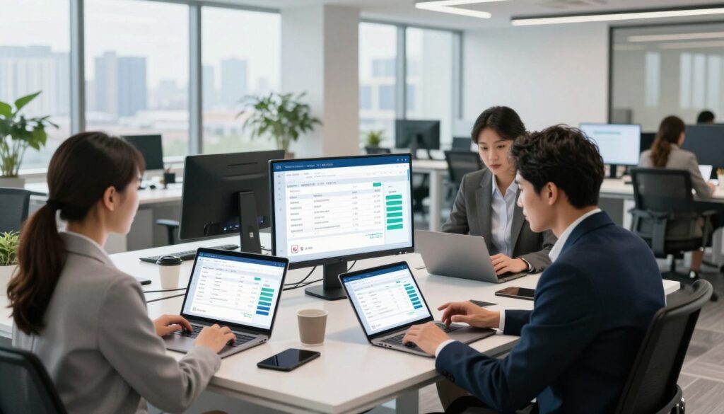 A modern office interior showcasing electronic invoice management. In the foreground, a diverse group of three professionals, two men and one woman, dressed in smart business attire, are engaged in a discussion over digital devices displaying invoices. The middle ground features sleek desks with laptops, tablets, and interactive screens, showcasing graphs and flowcharts related to invoicing processes. In the background, large windows offer a panoramic city view, letting in bright, natural light that creates an inviting atmosphere. The room is filled with contemporary furniture and minimalist decor, embodying a tech-savvy workspace. The mood is focused and professional, emphasizing collaboration and innovation in electronic billing solutions.