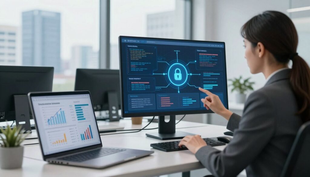 A modern office scene focused on electronic transaction security. In the foreground, a professional woman in business attire analyzes data on a large digital screen depicting secure transaction processes, surrounded by lines of code and lock icons. In the middle ground, a sleek workstation with laptops displaying graphs and charts highlighting best practices for implementing electronic invoices. The background features a city skyline through large windows, suggestive of a progressive business environment. Soft, natural light filters through, creating a clean and focused atmosphere. The image evokes professionalism and innovation in the realm of financial security. A modern office scene focused on electronic transaction security. In the foreground, a professional woman in business attire analyzes data on a large digital screen depicting secure transaction processes, surrounded by lines of code and lock icons. In the middle ground, a sleek workstation with laptops displaying graphs and charts highlighting best practices for implementing electronic invoices. The background features a city skyline through large windows, suggestive of a progressive business environment. Soft, natural light filters through, creating a clean and focused atmosphere. The image evokes professionalism and innovation in the realm of financial security.