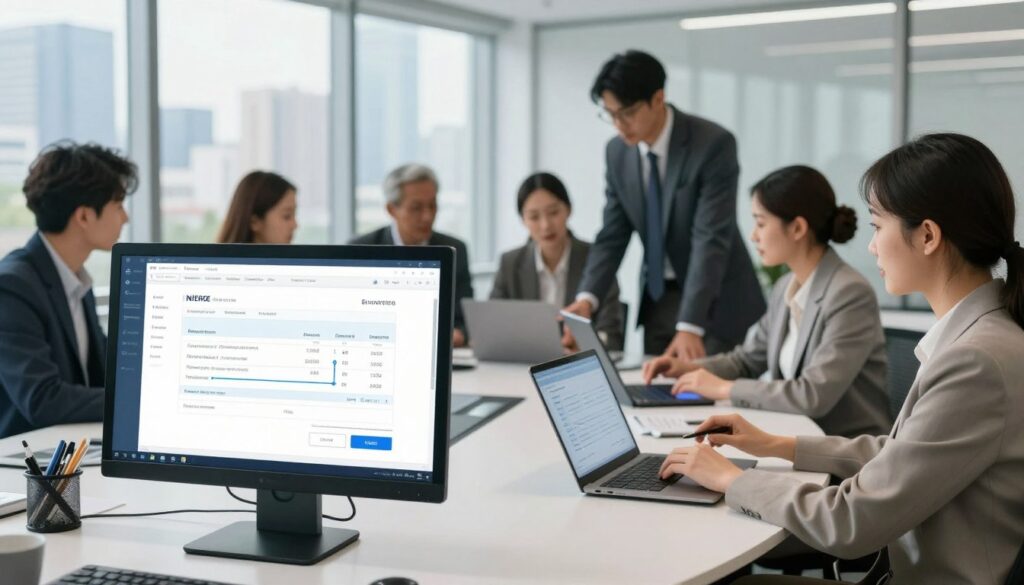 A modern office setting depicting an automated process in action. In the foreground, a sleek computer screen displays an electronic invoice being generated, with clear visual indicators of automation integration, such as data flow animations. The middle ground features a diverse group of business professionals in smart attire, collaborating at a circular table, with tablets and laptops open, discussing the digital transformation process. In the background, large windows reveal a bustling city skyline with a bright, sunny atmosphere, conveying innovation and efficiency. Soft lighting enhances the clean, tech-savvy environment, while a slight depth of field focuses on the professionals, creating an engaging and dynamic mood. A modern office setting depicting an automated process in action. In the foreground, a sleek computer screen displays an electronic invoice being generated, with clear visual indicators of automation integration, such as data flow animations. The middle ground features a diverse group of business professionals in smart attire, collaborating at a circular table, with tablets and laptops open, discussing the digital transformation process. In the background, large windows reveal a bustling city skyline with a bright, sunny atmosphere, conveying innovation and efficiency. Soft lighting enhances the clean, tech-savvy environment, while a slight depth of field focuses on the professionals, creating an engaging and dynamic mood.