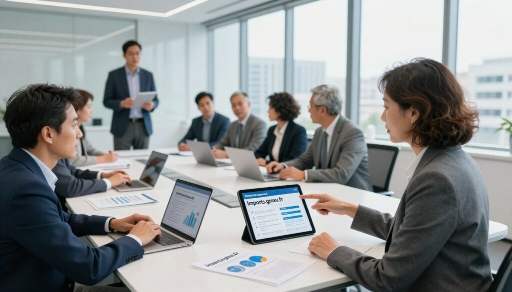 A modern office setting featuring a diverse group of professionals engaged in discussions about tax updates. In the foreground, a middle-aged woman in professional business attire, pointing at a digital tablet displaying key tax features from impots.gouv.fr. The middle layer showcases a sleek conference table with documents and laptops opened, highlighting charts and graphs about recent tax innovations. In the background, large windows let in bright, natural light, illuminating a cityscape and creating a sense of transparency and progress. The atmosphere is focused and productive, reflecting an environment of collaboration and innovation in the fiscal sector. A wide-angle perspective captures the full scene, emphasizing modernity and professionalism. A modern office setting featuring a diverse group of professionals engaged in discussions about tax updates. In the foreground, a middle-aged woman in professional business attire, pointing at a digital tablet displaying key tax features from impots.gouv.fr. The middle layer showcases a sleek conference table with documents and laptops opened, highlighting charts and graphs about recent tax innovations. In the background, large windows let in bright, natural light, illuminating a cityscape and creating a sense of transparency and progress. The atmosphere is focused and productive, reflecting an environment of collaboration and innovation in the fiscal sector. A wide-angle perspective captures the full scene, emphasizing modernity and professionalism.