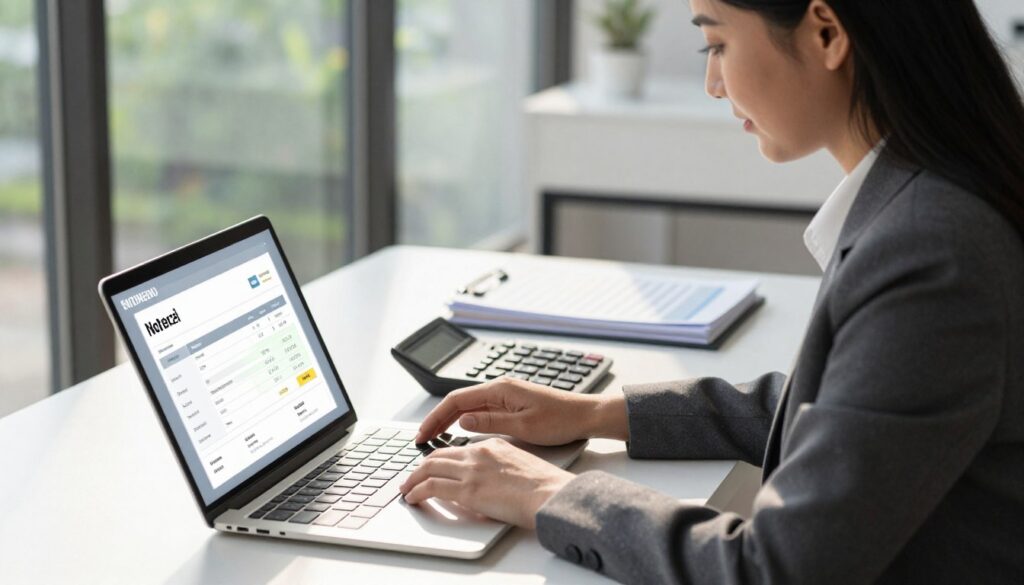 A modern office setting featuring a professional woman in business attire, sitting at a sleek desk while managing electronic invoices on a laptop. The foreground showcases the open laptop displaying a digital invoice management software, brightly lit by natural sunlight coming through large windows. In the middle ground, organized files and a stylish calculator are neatly arranged, symbolizing streamlined workflows. The background includes a blurred view of greenery outside the window, creating a calm and productive atmosphere. Soft, diffused lighting enhances the focus on the woman’s concentrated expression as she interacts with the digital content. The overall mood is efficient and modern, illustrating the ease of implementing electronic invoicing in a contemporary workspace.