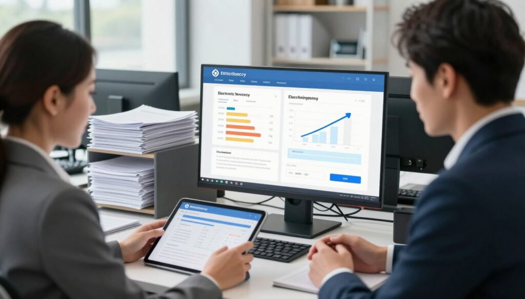 A modern office setting featuring a well-organized and visually appealing workspace centered around electronic invoicing advantages. In the foreground, a professional-looking woman in business attire is engaged in a discussion with a man in a suit, both reviewing digital documents on a sleek tablet. In the middle, a large monitor displays infographics and graphs indicating efficiency, cost-saving, and compliance benefits of electronic invoices. The background showcases shelves filled with neat piles of paper invoices and digital devices, symbolizing the transition to electronic billing. Soft, natural lighting filters through large windows, creating a productive and optimistic atmosphere. The angle focuses on a close-up of the interaction and displays the digital elements prominently, emphasizing the theme of technological advancement in business practices. A modern office setting featuring a well-organized and visually appealing workspace centered around electronic invoicing advantages. In the foreground, a professional-looking woman in business attire is engaged in a discussion with a man in a suit, both reviewing digital documents on a sleek tablet. In the middle, a large monitor displays infographics and graphs indicating efficiency, cost-saving, and compliance benefits of electronic invoices. The background showcases shelves filled with neat piles of paper invoices and digital devices, symbolizing the transition to electronic billing. Soft, natural lighting filters through large windows, creating a productive and optimistic atmosphere. The angle focuses on a close-up of the interaction and displays the digital elements prominently, emphasizing the theme of technological advancement in business practices.