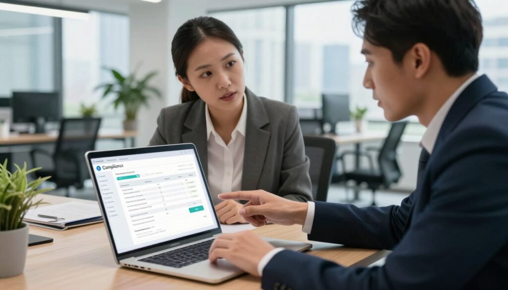 A modern office setting featuring two diverse professionals in business attire engaged in a discussion over electronic invoices on a sleek laptop. The foreground shows their attentive expressions, with a focus on one person pointing to a compliance checklist displayed on the screen. In the middle, digital graphics of various electronic invoicing software tools are visible, illustrating their comparative features. The background consists of a well-lit office with contemporary furniture, large windows revealing a city skyline, and green plants for a fresh touch. The atmosphere is collaborative and professional, illuminated by soft, natural light that enhances the focus on the screen, giving a sense of productivity and clarity.