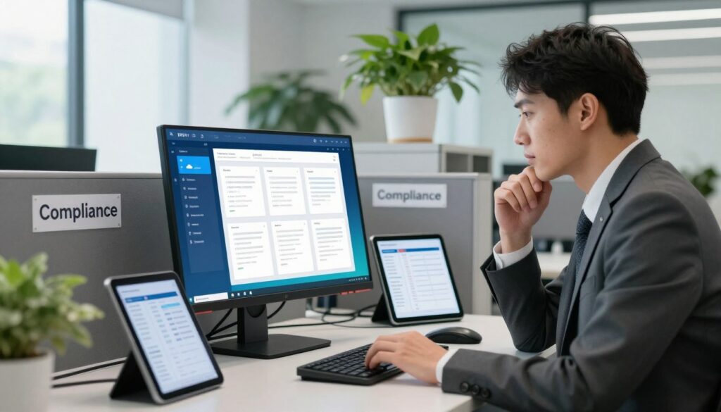 A modern office setting focused on digital document conservation. In the foreground, a sleek workstation with a high-resolution monitor displaying a vibrant digital interface, featuring documents being securely stored in a cloud system. A professional in business attire, focused and engaged, examines data with a thoughtful expression. The middle ground shows organized filing cabinets labeled “Compliance,” with a digital tablet beside them displaying compliance checklists. The background features a well-lit office space with greenery, symbolizing growth and sustainability, and large windows letting in natural light. The mood is one of professionalism and innovation, emphasizing security and responsibility in digital documentation.
