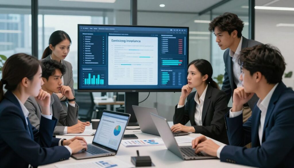 A modern office setting illustrating the challenges of electronic invoicing compliance. In the foreground, a diverse group of professionals in business attire gathers around a table filled with digital devices, charts, and documents. Their expressions convey concern and focus as they discuss compliance issues. In the middle ground, a large digital screen displays complex data visualizations and compliance guidelines. The background features a sleek office environment with glass walls and city views, highlighting a bustling urban atmosphere. Soft, natural lighting illuminates the scene to create a calm yet urgent mood. Camera angle is slightly elevated to encompass the group while highlighting the digital elements, emphasizing the intersection of technology and compliance challenges.
