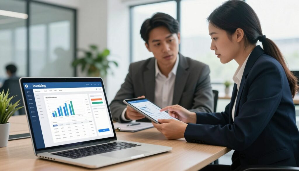 A modern office setting showcasing a digital invoicing solution. In the foreground, a sleek laptop displays a secure billing software interface with graphs and invoice templates, reflecting a professional atmosphere. In the middle ground, a diverse group of two business professionals dressed in smart business attire engaged in discussion, examining digital documents on a tablet, illustrating collaboration and security in electronic billing integration. The background features soft-focus blurred office elements, such as a glass wall and potted plants, conveying a clean and organized workspace. Natural light streams through large windows, creating a bright and inviting ambiance. The mood is focused and serene, reflecting trust and efficiency in the electronic invoicing process.