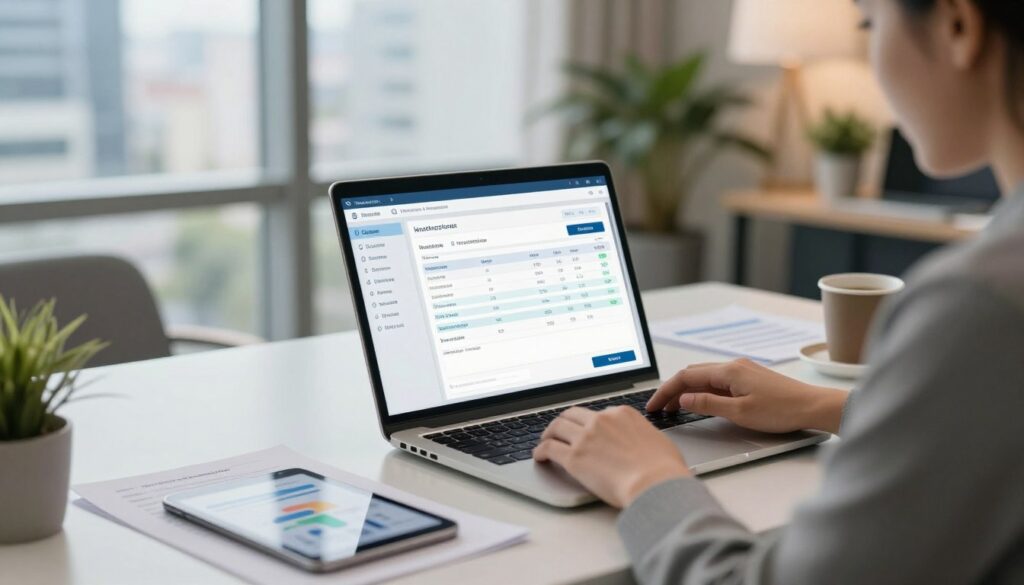 A modern office setting showcasing an electronic invoicing software interface on a sleek laptop, positioned on a minimalist desk. In the foreground, a person dressed in professional business attire is focused on the screen, diligently reviewing digital invoices, surrounded by organized paperwork and a digital tablet displaying graphs. In the middle ground, soft, ambient lighting creates a productive atmosphere, with a potted plant and a coffee mug adding a touch of warmth. In the background, a large window reveals a bright cityscape, suggesting a busy workday. Capture the scene with a slightly angled perspective, emphasizing the human element while maintaining clarity on the software interface. The overall mood is efficient and modern, highlighting the benefits of digital invoicing in streamlining business processes.