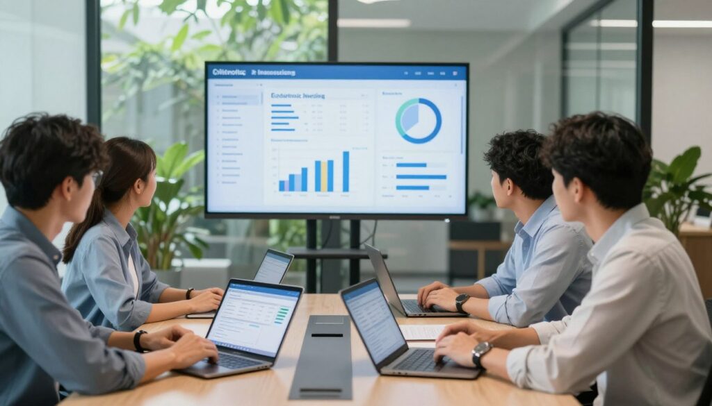 A modern office setting showcasing electronic document management practices. In the foreground, a diverse group of professionals—two men and one woman—are engaged in a collaborative discussion around a sleek conference table, each using tablets and laptops displaying digital invoice systems. In the middle ground, a large screen displays charts and graphs related to electronic invoicing, emphasizing efficiency and organization. The background features a glass wall with greenery outside, infusing the space with a fresh atmosphere. Soft, natural lighting floods the room, creating an inviting and productive environment. The scene should convey a sense of innovation, teamwork, and professionalism, focusing on seamless document management processes. A modern office setting showcasing electronic document management practices. In the foreground, a diverse group of professionals—two men and one woman—are engaged in a collaborative discussion around a sleek conference table, each using tablets and laptops displaying digital invoice systems. In the middle ground, a large screen displays charts and graphs related to electronic invoicing, emphasizing efficiency and organization. The background features a glass wall with greenery outside, infusing the space with a fresh atmosphere. Soft, natural lighting floods the room, creating an inviting and productive environment. The scene should convey a sense of innovation, teamwork, and professionalism, focusing on seamless document management processes.