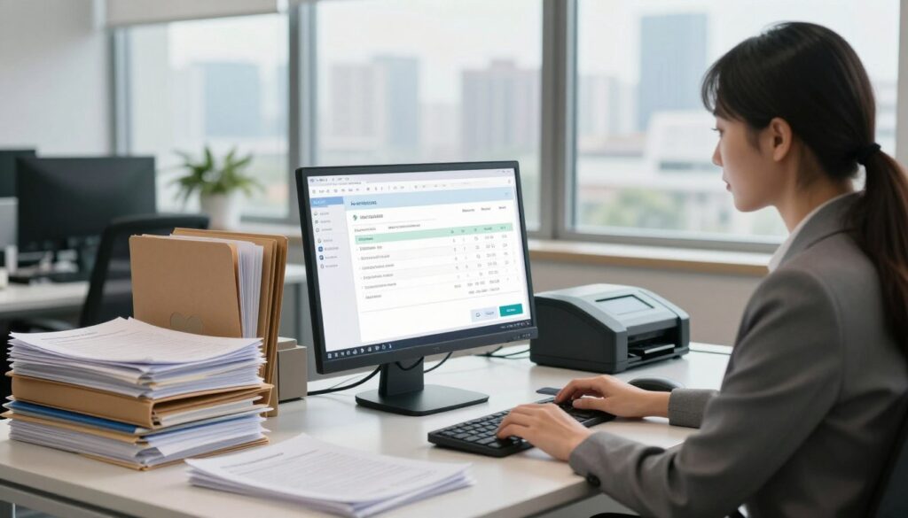 A modern office setting showcasing electronic invoice management. In the foreground, a professional woman in business attire is sitting at a sleek desk, using a computer with visible digital invoices on the screen. In the middle ground, stacks of organized folders and documents, along with a scanner, suggest efficient document handling. The background features a large window allowing natural light to flood the room, highlighting a smart cityscape outside. The mood is focused and productive, emphasizing a streamlined, tech-savvy accounting environment. Soft, warm lighting enhances the professionalism of the scene, with a slight depth of field effect to draw attention to the woman and her workspace. A modern office setting showcasing electronic invoice management. In the foreground, a professional woman in business attire is sitting at a sleek desk, using a computer with visible digital invoices on the screen. In the middle ground, stacks of organized folders and documents, along with a scanner, suggest efficient document handling. The background features a large window allowing natural light to flood the room, highlighting a smart cityscape outside. The mood is focused and productive, emphasizing a streamlined, tech-savvy accounting environment. Soft, warm lighting enhances the professionalism of the scene, with a slight depth of field effect to draw attention to the woman and her workspace.