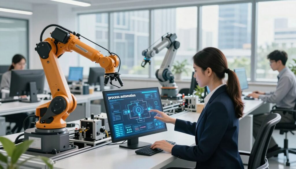 A modern office setting showcasing "process automation", with a focus on sleek, digital interfaces and robotic systems. In the foreground, a professional woman in business attire interacts with a high-tech touchscreen displaying flowcharts and data analytics, symbolizing efficiency challenges. In the middle ground, multiple robotic arms are assembling components on a production line, illustrating automation at work. The background features large windows with a bustling cityscape, allowing natural light to illuminate the scene, creating a bright, optimistic atmosphere. Capture the image from a slightly elevated angle to emphasize the dynamic synergy between humans and technology, conveying a sense of innovation and overcoming obstacles. A modern office setting showcasing "process automation", with a focus on sleek, digital interfaces and robotic systems. In the foreground, a professional woman in business attire interacts with a high-tech touchscreen displaying flowcharts and data analytics, symbolizing efficiency challenges. In the middle ground, multiple robotic arms are assembling components on a production line, illustrating automation at work. The background features large windows with a bustling cityscape, allowing natural light to illuminate the scene, creating a bright, optimistic atmosphere. Capture the image from a slightly elevated angle to emphasize the dynamic synergy between humans and technology, conveying a sense of innovation and overcoming obstacles.