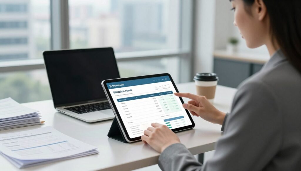 A modern office setting with a female business professional in smart attire, focusing on a digital tablet displaying an electronic invoice report. The foreground features her engaged in analyzing data, with clear graphs and figures on the screen. In the middle, a sleek desk with a laptop, stacks of paperwork, and a coffee cup enhances the work environment. The background shows a large window with cityscape views and soft, natural daylight pouring in, creating a bright and professional atmosphere. The mood is one of productivity and efficiency, capturing the essence of generating electronic invoice reports effectively. The composition is shot at eye level with a slight depth of field to emphasize the details on the tablet screen. A modern office setting with a female business professional in smart attire, focusing on a digital tablet displaying an electronic invoice report. The foreground features her engaged in analyzing data, with clear graphs and figures on the screen. In the middle, a sleek desk with a laptop, stacks of paperwork, and a coffee cup enhances the work environment. The background shows a large window with cityscape views and soft, natural daylight pouring in, creating a bright and professional atmosphere. The mood is one of productivity and efficiency, capturing the essence of generating electronic invoice reports effectively. The composition is shot at eye level with a slight depth of field to emphasize the details on the tablet screen.
