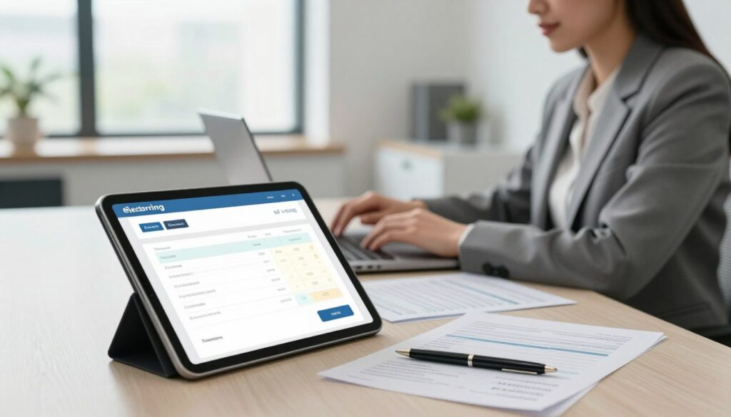 A modern office setting with a focus on electronic invoices. In the foreground, a sleek digital tablet displaying a graphic representation of various electronic invoice types, surrounded by paperwork and a stylish pen. In the middle ground, a well-dressed business professional, a woman in a tailored blazer, analyzing data on her laptop, conveying a sense of focus and productivity. Soft, natural light filters through a large window in the background, illuminating a minimalist office space with contemporary furniture. The atmosphere is one of efficiency and organization, showcasing technology's role in modern finance. The composition highlights clarity and professionalism, perfect for illustrating the topic of electronic invoicing.