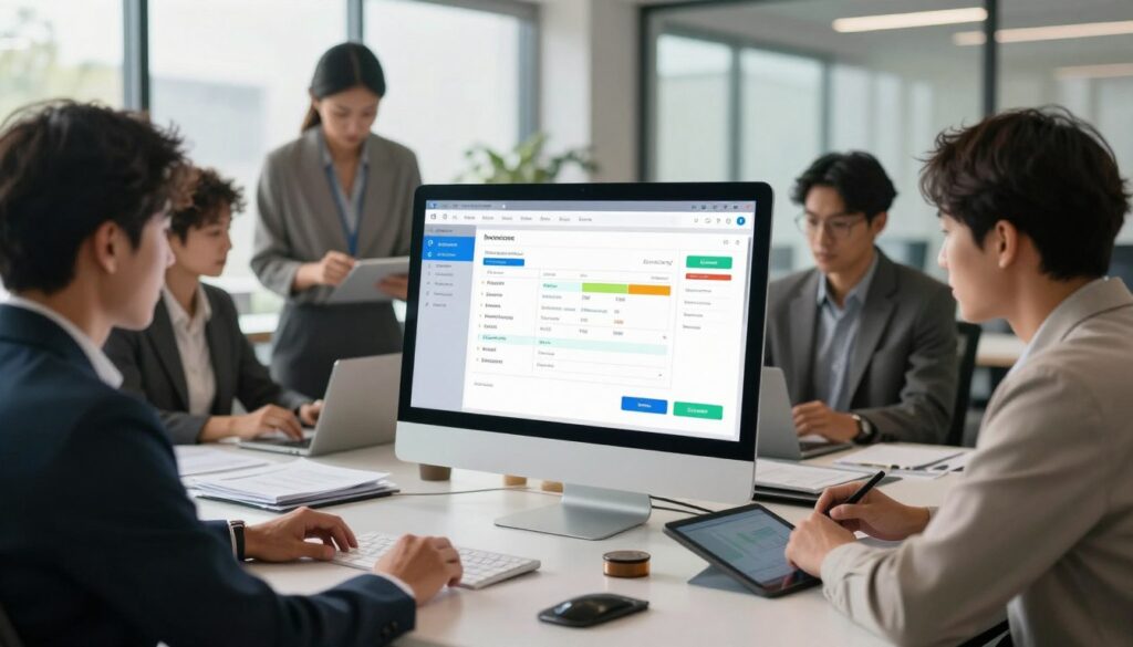 A modern office setting with a sleek, digital interface displaying an electronic invoicing software on a large computer screen in the foreground. The screen shows colorful graphs, invoices, and data analytics, symbolizing efficiency and organization. In the middle, a diverse group of business professionals, dressed in business attire, are collaborating over a table filled with paperwork and digital tablets, showcasing discussion and teamwork. In the background, large windows allow natural light to flood the room, enhancing the atmosphere of productivity and modernity. The overall mood is focused and dynamic, conveying the benefits of electronic invoice management. Soft, diffused lighting creates a warm yet professional ambiance, highlighting the technological advancements in finance. A modern office setting with a sleek, digital interface displaying an electronic invoicing software on a large computer screen in the foreground. The screen shows colorful graphs, invoices, and data analytics, symbolizing efficiency and organization. In the middle, a diverse group of business professionals, dressed in business attire, are collaborating over a table filled with paperwork and digital tablets, showcasing discussion and teamwork. In the background, large windows allow natural light to flood the room, enhancing the atmosphere of productivity and modernity. The overall mood is focused and dynamic, conveying the benefits of electronic invoice management. Soft, diffused lighting creates a warm yet professional ambiance, highlighting the technological advancements in finance.