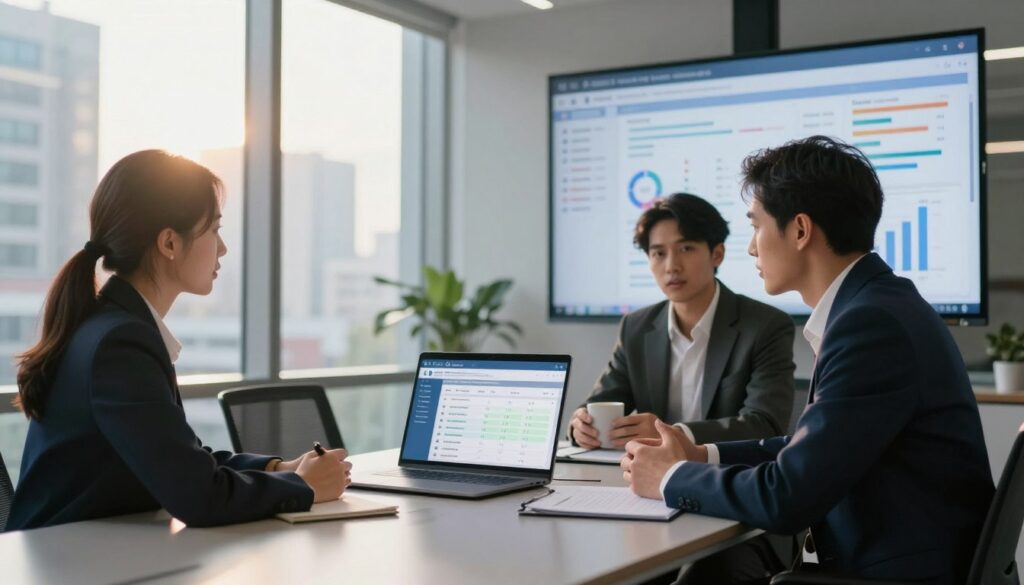 A modern office setting with an emphasis on digital invoicing and compliance. In the foreground, a diverse group of three professionals—one man and two women—all dressed in smart business attire, are engaged in a discussion around a sleek, high-tech conference table. On the table, a laptop displays a complex invoicing software interface. In the middle ground, tall windows reveal a bustling cityscape with soft morning sunlight filtering through, casting a warm glow. The background features digital screens showcasing graphs and compliance data relevant to electronic billing. The atmosphere is collaborative and focused, highlighting the importance of legal compliance in invoicing, reflecting a sense of urgency and professionalism. Use natural lighting, a shallow depth of field to emphasize the table, and a slightly angled perspective to create depth.