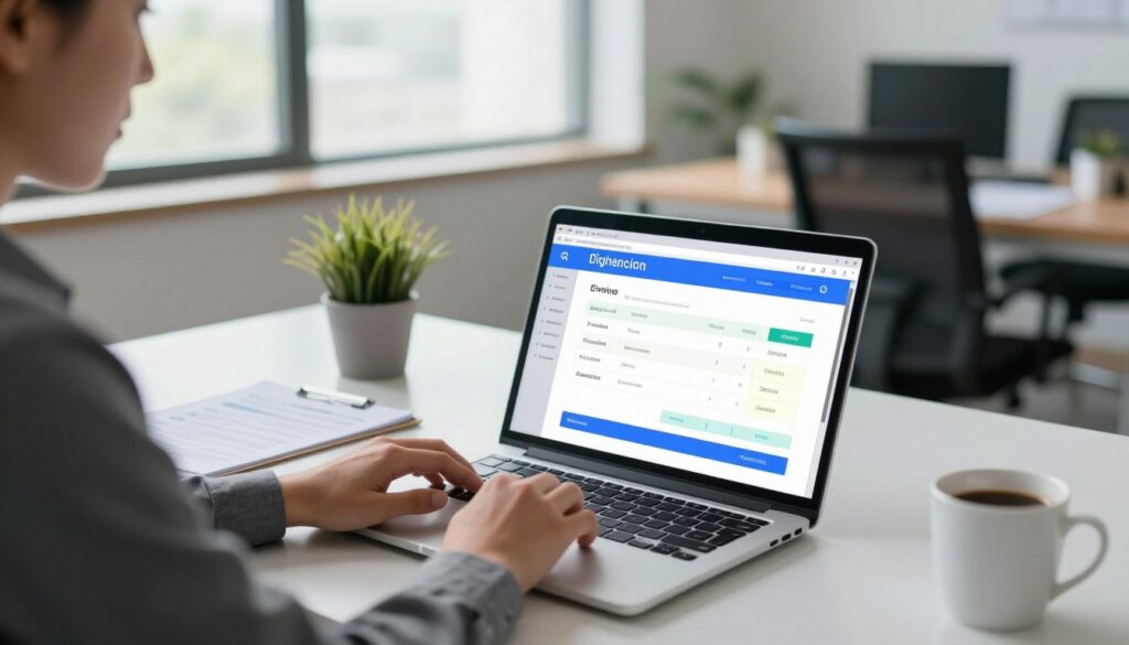 A modern office space highlighting a digital invoice being sent electronically. In the foreground, a professional individual in business attire is seated at a sleek desk, focused on a laptop screen displaying a colorful electronic invoice interface. The middle ground showcases a neatly organized workspace with a few documents, a potted plant, and a coffee mug. In the background, large windows allow natural light to pour in, creating a bright and inviting atmosphere. The mood is efficient and professional, emphasizing the ease of digital invoicing. The image should have a slight depth of field, with the foreground in sharp focus while the background is softly blurred, drawn from a slightly elevated angle to capture the scene comprehensively.