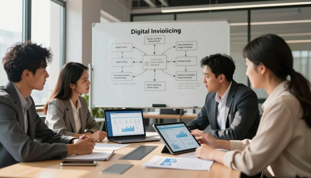 A modern office space with professionals engaged in a discussion about electronic invoicing. In the foreground, a diverse group of three business people (two men and one woman) in professional attire are analyzing documents on a sleek conference table, displaying a digital tablet with graphs and statistics. In the middle ground, a large whiteboard is filled with flowcharts and key points about digital invoicing experiences, while an open laptop shows an electronic invoice interface. The background features large windows with natural light streaming in, casting soft shadows, and contemporary office decor. The atmosphere is focused and collaborative, capturing the essence of learning from practical experiences in digital invoicing. Use a warm color palette to create an inviting and professional mood. A modern office space with professionals engaged in a discussion about electronic invoicing. In the foreground, a diverse group of three business people (two men and one woman) in professional attire are analyzing documents on a sleek conference table, displaying a digital tablet with graphs and statistics. In the middle ground, a large whiteboard is filled with flowcharts and key points about digital invoicing experiences, while an open laptop shows an electronic invoice interface. The background features large windows with natural light streaming in, casting soft shadows, and contemporary office decor. The atmosphere is focused and collaborative, capturing the essence of learning from practical experiences in digital invoicing. Use a warm color palette to create an inviting and professional mood.