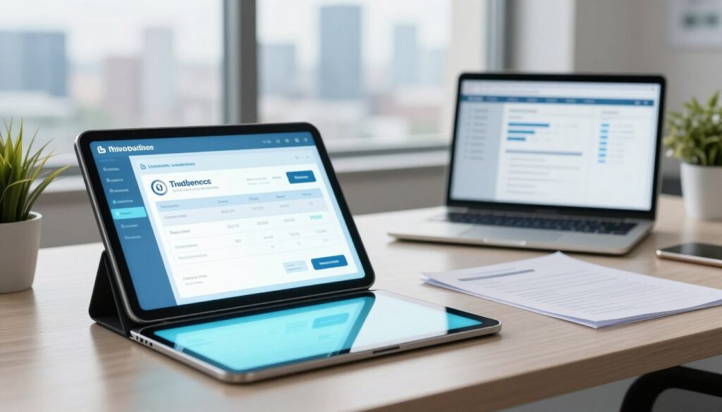 A modern office workspace featuring a professional setting focused on electronic invoicing. In the foreground, a sleek, digital tablet displays a glowing electronic invoice with clear graphics and icons symbolizing compliance and efficiency. In the middle ground, an organized desk holds a laptop displaying financial software and a few digital documents, along with a potted plant for a touch of greenery. In the background, large windows highlight a city skyline, letting in soft, natural light that enhances the atmosphere of professionalism and innovation. The overall mood is one of clarity and advancement, emphasizing the importance of digitization in business processes. No human subjects are present in the image.