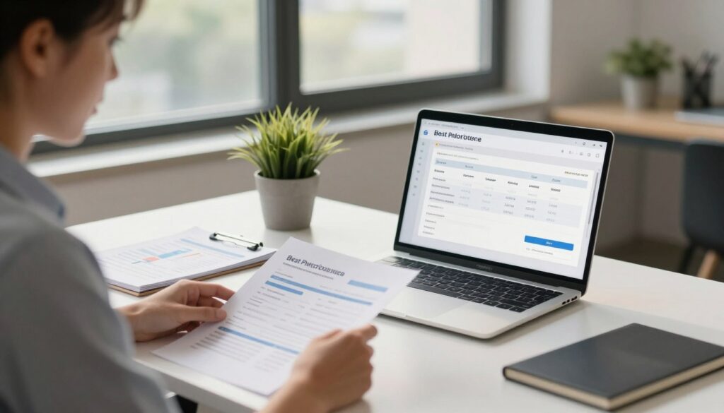 A modern office workspace featuring a sleek desk with a laptop displaying electronic invoices on the screen. In the foreground, a person in business attire reviews documents, looking focused and organized. In the middle, a potted plant and a financial report add a touch of professionalism. The background showcases a large window with natural light flooding the room, casting soft shadows. The atmosphere is one of productivity and efficiency, emphasizing best practices in electronic invoicing. Use soft, diffused lighting to create a warm and inviting ambiance, while maintaining a clean and minimalist aesthetic. The angle should be slightly tilted to emphasize the depth of the workspace and bring attention to the electronic invoicing process.