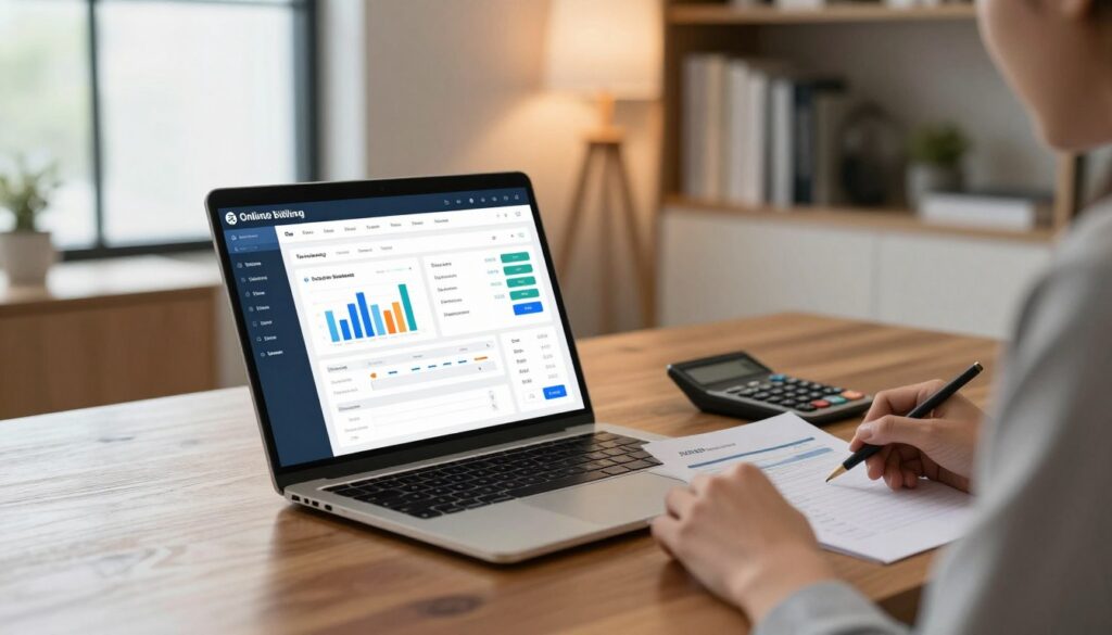 A modern online billing software interface displayed on a sleek laptop, positioned prominently on a stylish wooden desk. In the foreground, the laptop screen shows a clean, user-friendly dashboard with vibrant graphs and payment options. To the side, there are a few invoices and a calculator, suggesting organized accounting work. In the background, soft ambient lighting creates a warm atmosphere, while a blurred bookshelf filled with finance books adds depth. The scene conveys a sense of professionalism and efficiency. The room is well-lit with natural light streaming through a large window, enhancing the productive mood. A businessperson in professional attire, possibly reviewing the invoices, is added subtly without focusing on their features, maintaining a sense of professionalism.