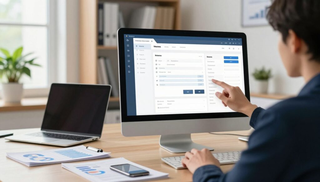 A modern online billing system interface displayed on a sleek computer monitor, set in a bright, professional office environment. In the foreground, a person in a smart business outfit is interacting with the software, using clear and user-friendly features like invoice templates and payment options. The middle ground shows a well-organized desk with a laptop, financial documents, and a smartphone, exemplifying efficiency in invoicing. In the background, there are shelves filled with business books and a green plant for a touch of life. Soft natural light streams in through a window, creating a welcoming atmosphere that emphasizes productivity and technological advancement. The overall mood is focused and professional, illustrating the ease of managing electronic invoices. A modern online billing system interface displayed on a sleek computer monitor, set in a bright, professional office environment. In the foreground, a person in a smart business outfit is interacting with the software, using clear and user-friendly features like invoice templates and payment options. The middle ground shows a well-organized desk with a laptop, financial documents, and a smartphone, exemplifying efficiency in invoicing. In the background, there are shelves filled with business books and a green plant for a touch of life. Soft natural light streams in through a window, creating a welcoming atmosphere that emphasizes productivity and technological advancement. The overall mood is focused and professional, illustrating the ease of managing electronic invoices.