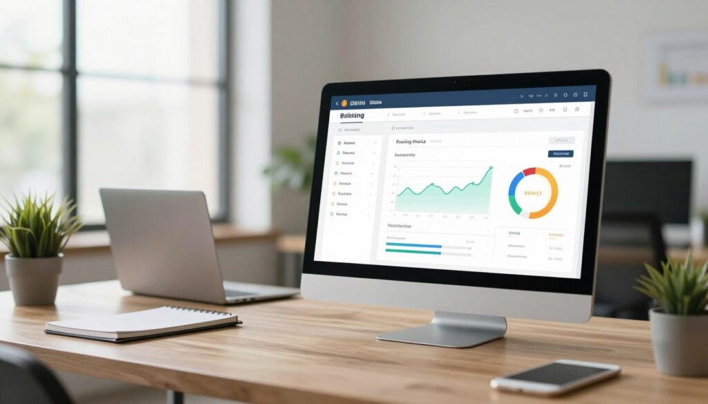 A modern online billing system interface displayed on a sleek computer screen. In the foreground, the focus is on the vibrant, user-friendly dashboard featuring real-time tracking of invoices, with colorful graphs and charts showcasing financial data. The middle ground includes a professional setting with a laptop placed on a stylish wooden desk, complemented by a plant and a notepad. In the background, a bright office space with large windows allowing natural light to flood in, creating an inviting atmosphere. The scene conveys a sense of efficiency and organization, capturing the essence of secure electronic invoicing. Use soft, diffused lighting to enhance the professionalism of the environment. The angle should be slightly elevated to showcase the details of the dashboard clearly, while ensuring the overall composition is harmonious and engaging.