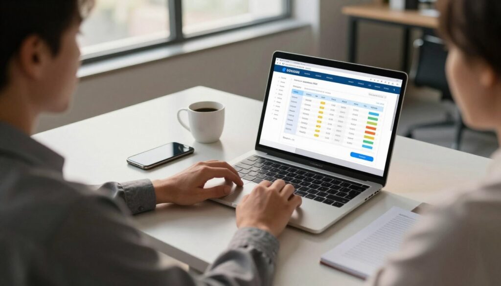 A modern online invoicing system setup in a sleek office environment. In the foreground, a professional-looking individual in business attire is focused on a laptop screen displaying colorful charts and electronic invoices. The middle layer features a stylish desk with essential office tools like a smartphone and a coffee mug alongside the laptop, symbolizing productivity. The background showcases a minimalist office with large windows allowing soft, natural light to fill the room, casting gentle shadows and creating a warm atmosphere. The overall mood is one of efficiency and modernity, emphasizing the digital aspect of electronic billing. The angle is slightly from above, providing a clear overview of the workspace without any distractions or text. A modern online invoicing system setup in a sleek office environment. In the foreground, a professional-looking individual in business attire is focused on a laptop screen displaying colorful charts and electronic invoices. The middle layer features a stylish desk with essential office tools like a smartphone and a coffee mug alongside the laptop, symbolizing productivity. The background showcases a minimalist office with large windows allowing soft, natural light to fill the room, casting gentle shadows and creating a warm atmosphere. The overall mood is one of efficiency and modernity, emphasizing the digital aspect of electronic billing. The angle is slightly from above, providing a clear overview of the workspace without any distractions or text.
