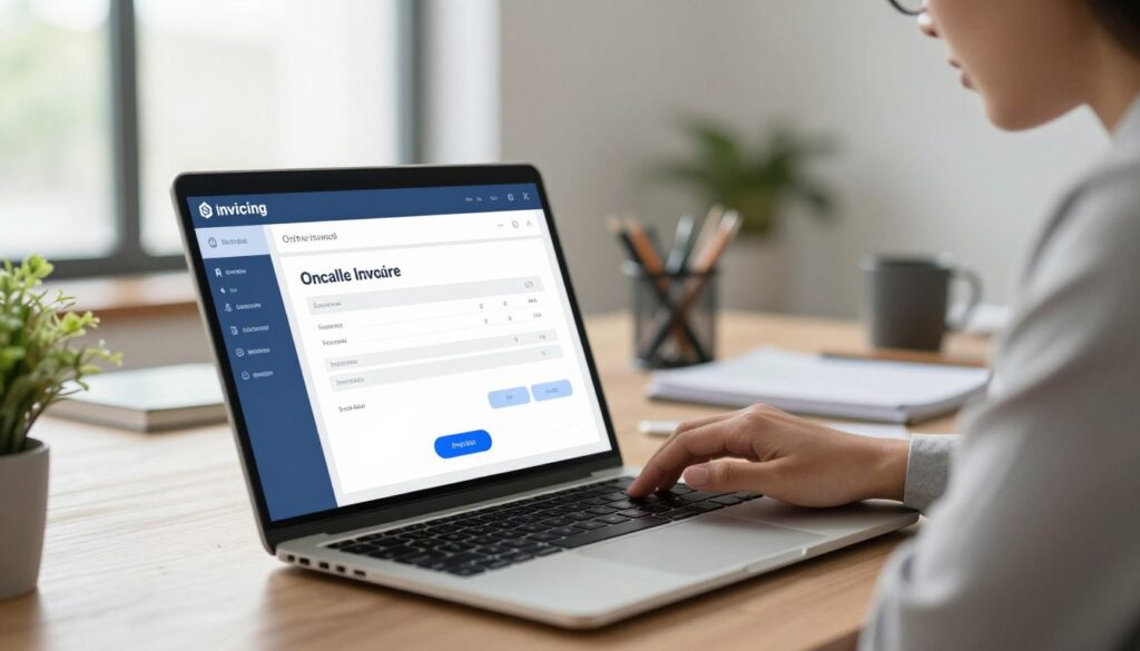 A modern online invoicing tool displayed prominently on a sleek laptop screen, set in a well-lit, professional office environment. The foreground features the laptop with an intuitive interface showcasing secure electronic invoices, financial graphs, and user-friendly buttons. In the middle, a focused business professional in smart casual attire types on the laptop, with concentration evident on their face. The background subtly shows a tidy desk with office supplies and a potted plant, creating a calm and organized atmosphere. Soft, natural lighting floods the space from a nearby window, enhancing the inviting mood. A slight depth of field focuses on the invoicing tool, making it the centerpiece of the image, while the blurred surroundings provide context without distraction.