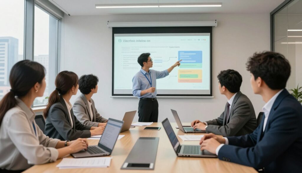 A modern training session on electronic invoicing in a bright, professional office environment. In the foreground, a diverse group of four adult professionals, dressed in business attire, are engaged in discussion around a large conference table filled with laptops, documents, and electronic devices. A projector displays a colorful infographic about electronic invoicing on the wall. In the middle, a facilitator points to the infographic, highlighting key points. The background features large windows allowing natural light to flood the room, with city skyline views. The atmosphere is one of collaboration and learning, with warm tones and dynamic body language, creating an inviting educational setting.